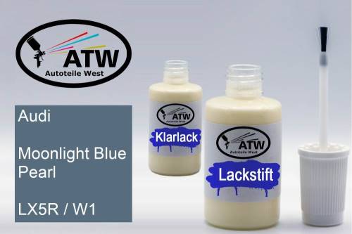 Audi, Moonlight Blue Pearl, LX5R / W1: 20ml Lackstift + 20ml Klarlack - Set, von ATW Autoteile West.